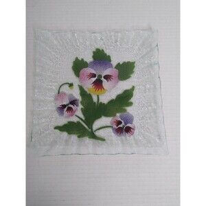SYDENSTRICKER Fused Art Glass Square Plate Pansies Floral Flowers SIGNED